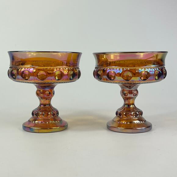 2 Indiana Carnival Glass Marigold King's Crown Thumbprint Compotes Wedding Bowl - Picture 2 of 7